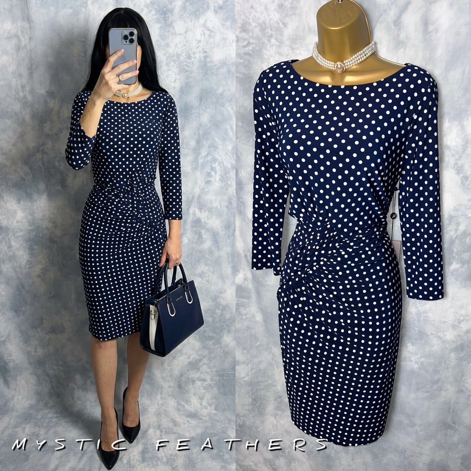 BNWT ADRIANNA PAPELL Navy Polka Dot 3/4 Sleeve Elegant Occasion Dress Size 14 UK