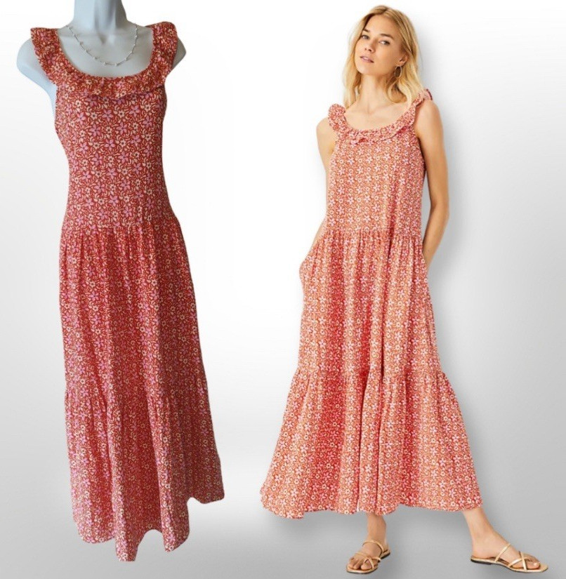 Ann Taylor Maxi Dress, Size M, Red Pink White Floral, Square Neck, Ruffle