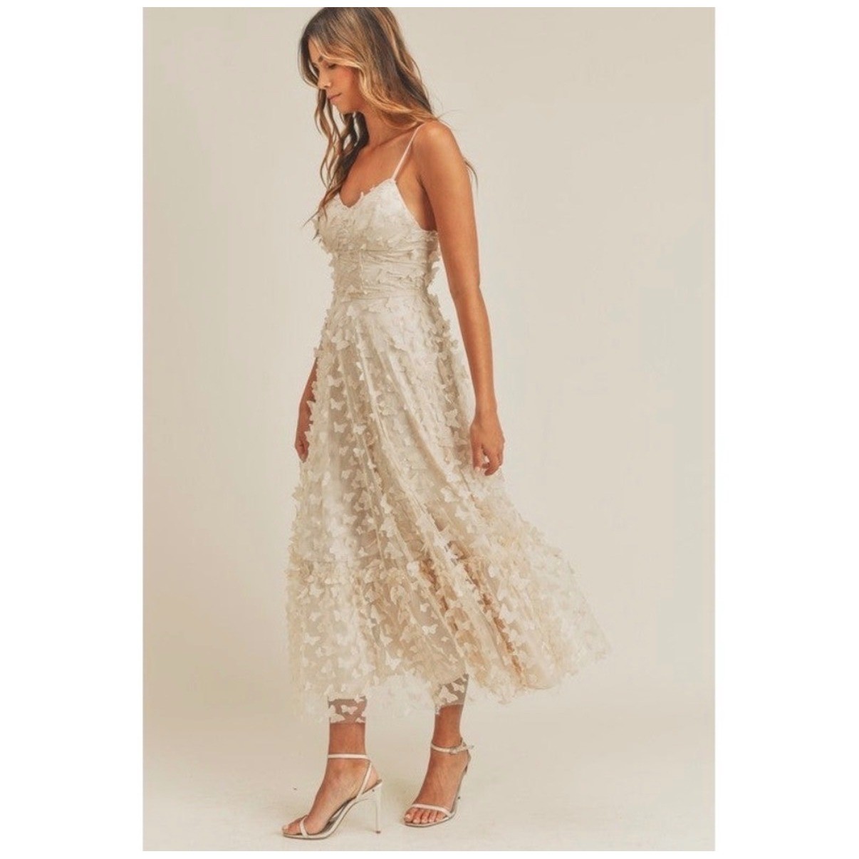 Thirty Sixty LA Women Cream 3D Butterfly Applique Corset Midi Dress Medium