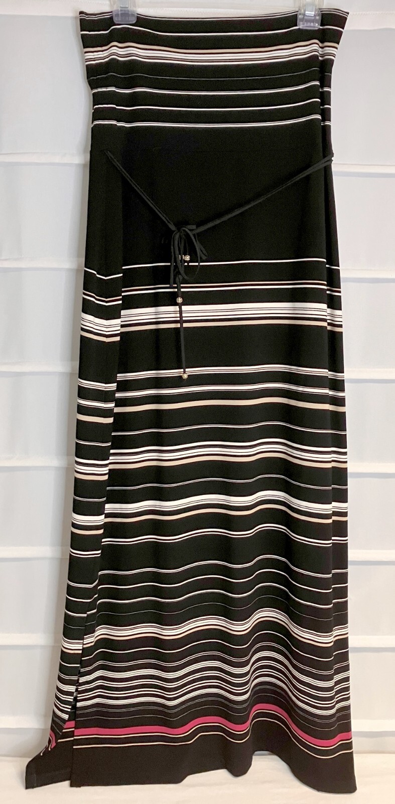 White House Black Market Beige Pink Striped Stretch Rayon Strapless Dress M EC!
