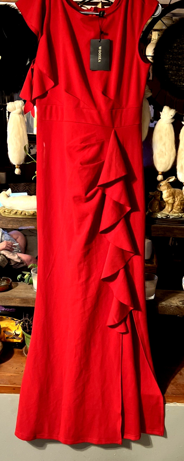 Woosea Women Size L Red Formal Ruffled/Split Front Round Neck Cape Sleeve Dress