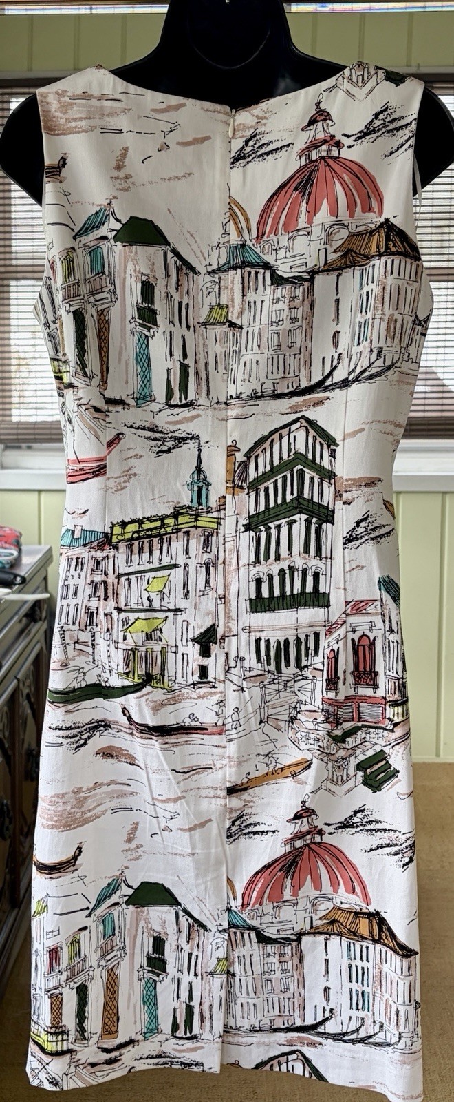 Chetta B Venice Italy Scenic Print Sheath Artsy Dress VTG 50’s Look Size 4