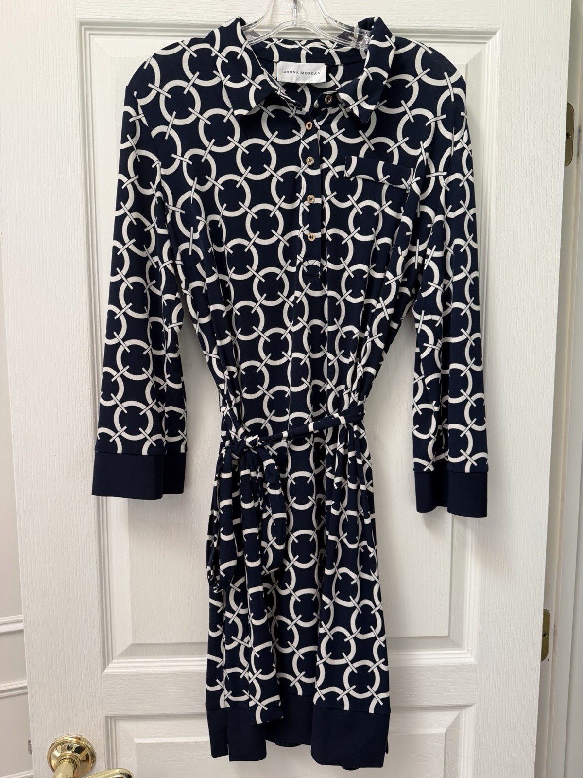Donna Morgan Navy Cream Tie Waist Knit Shirtdress Nautical Chain Women’s Sm?