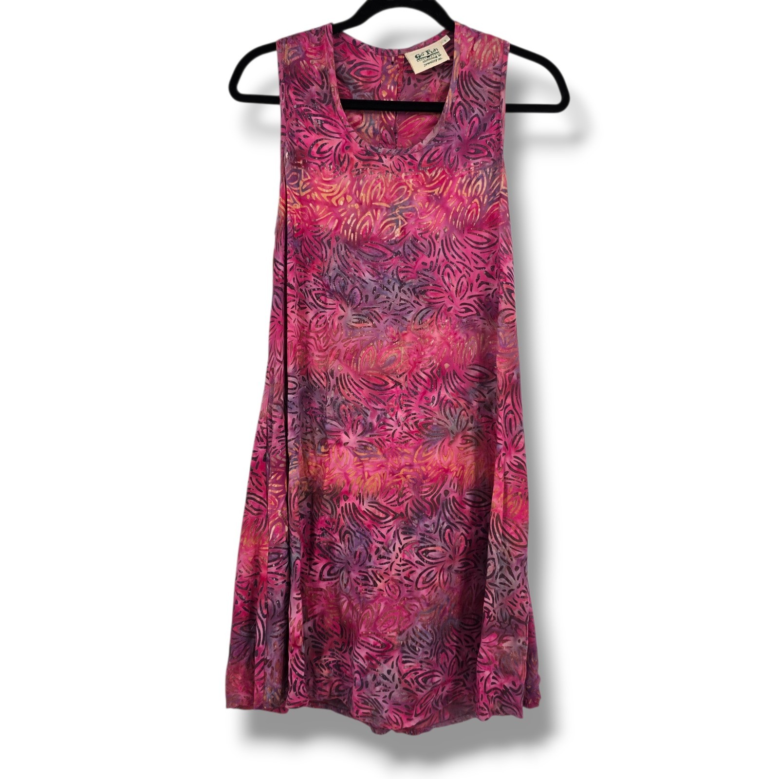 Go Fish Clothing Womens Pink Batik Floral Rayon Sleeveless Pocket Dress Small