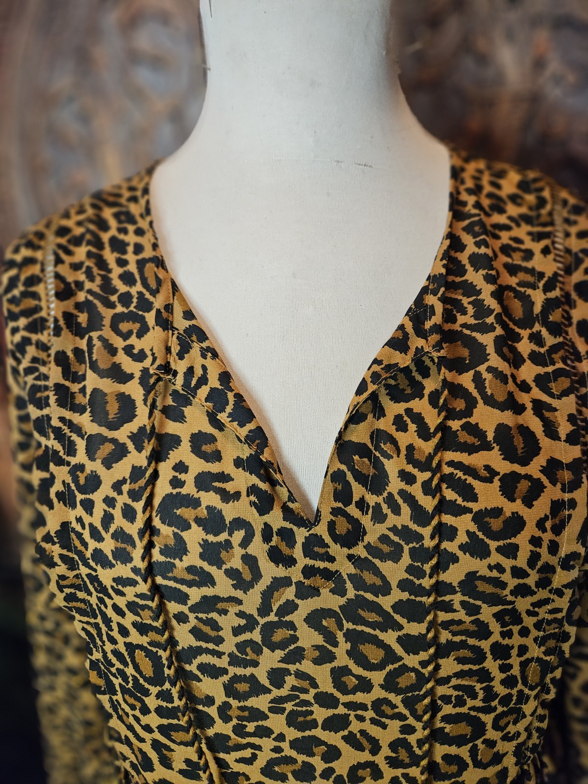 Time and Tru Dress L Silky Leopard Print Boho Hippie Peasant Babydoll Sundress