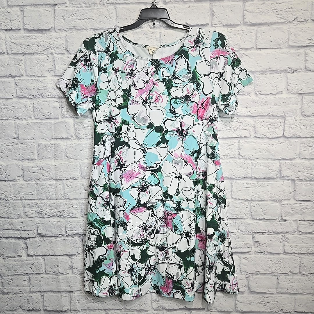 Yelete Dress Womens XL Green Pink White Floral Pockets Stretch Casual Office