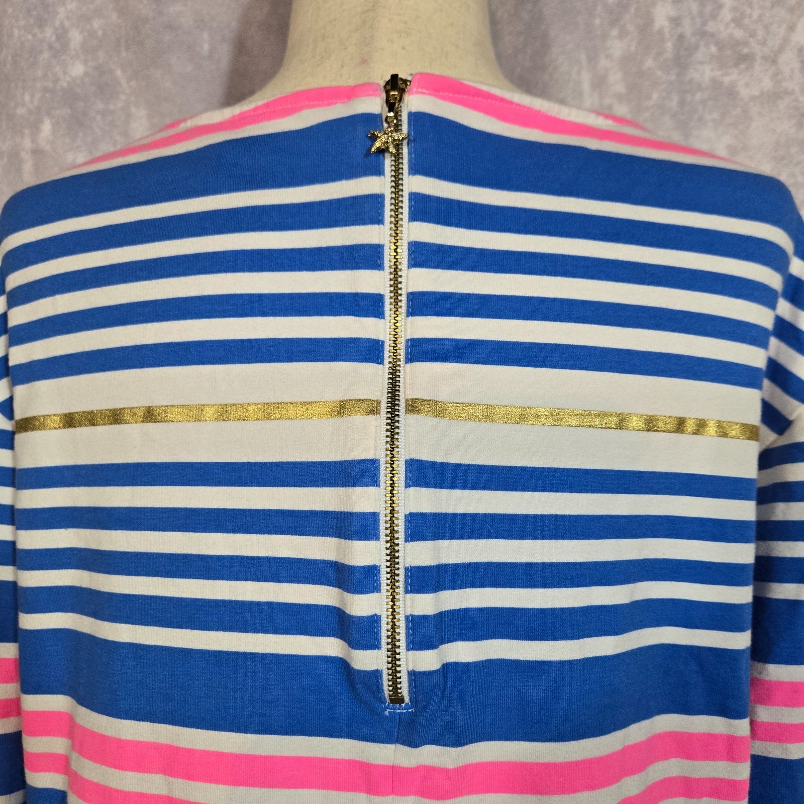 LILLY PULITZER Lena Shift Dress Lapis Blue Pink Gold Tiki Stripe Resortwear MED