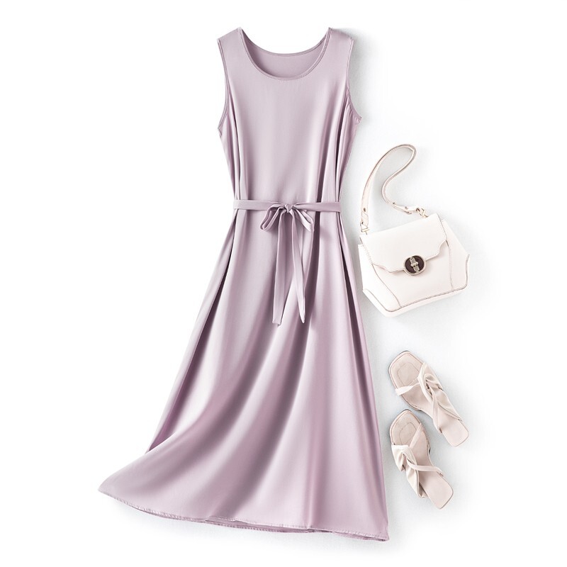 93% Mulberry Silk 7% Spandex Women Sleeveless Purple Color Long Dress FF048
