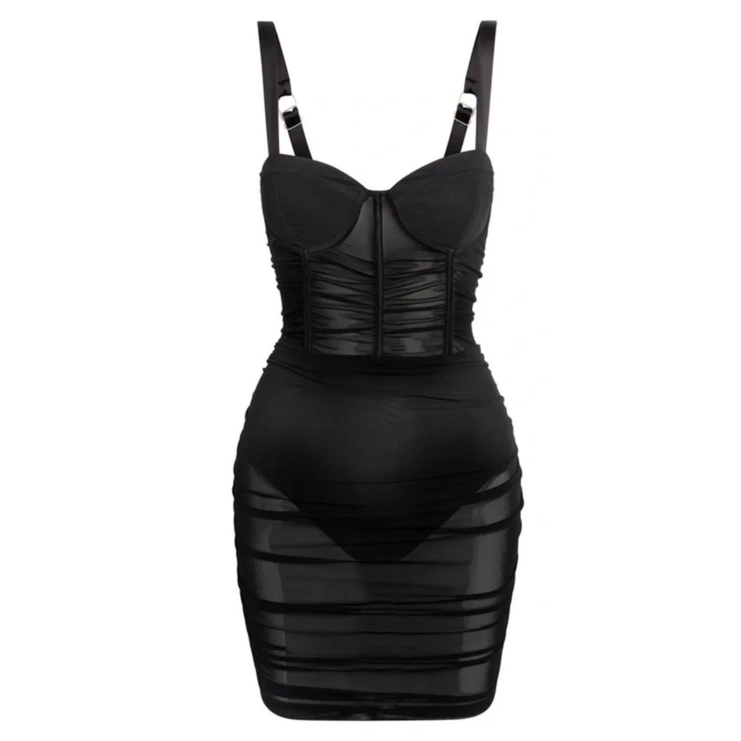 LEAU Dress XS Black Miami Mesh Corset Ruched Mini Sheer Bodycon Night Out LBD
