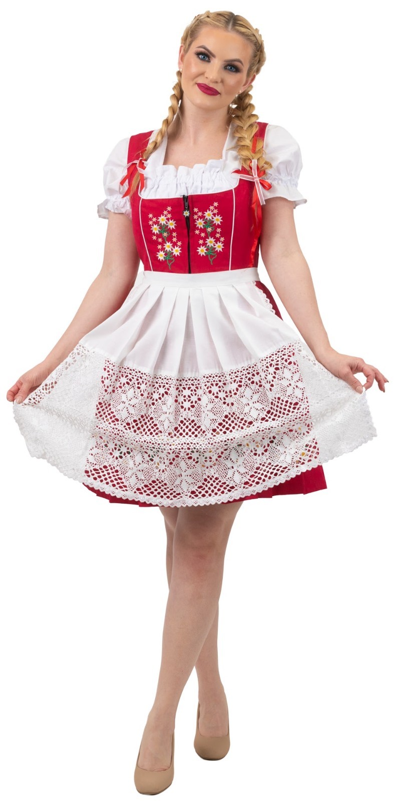 14 L Red German Dirndl Dress Short EMBROIDERED Oktoberfest COTTON 3 Pc SET