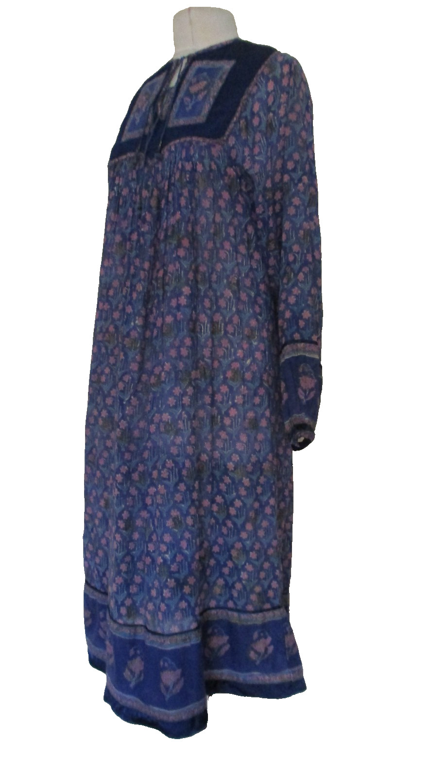 Vintage 70s Her Excellency INDIA Cotton Block Print Hippy Peasant DRESS S Women