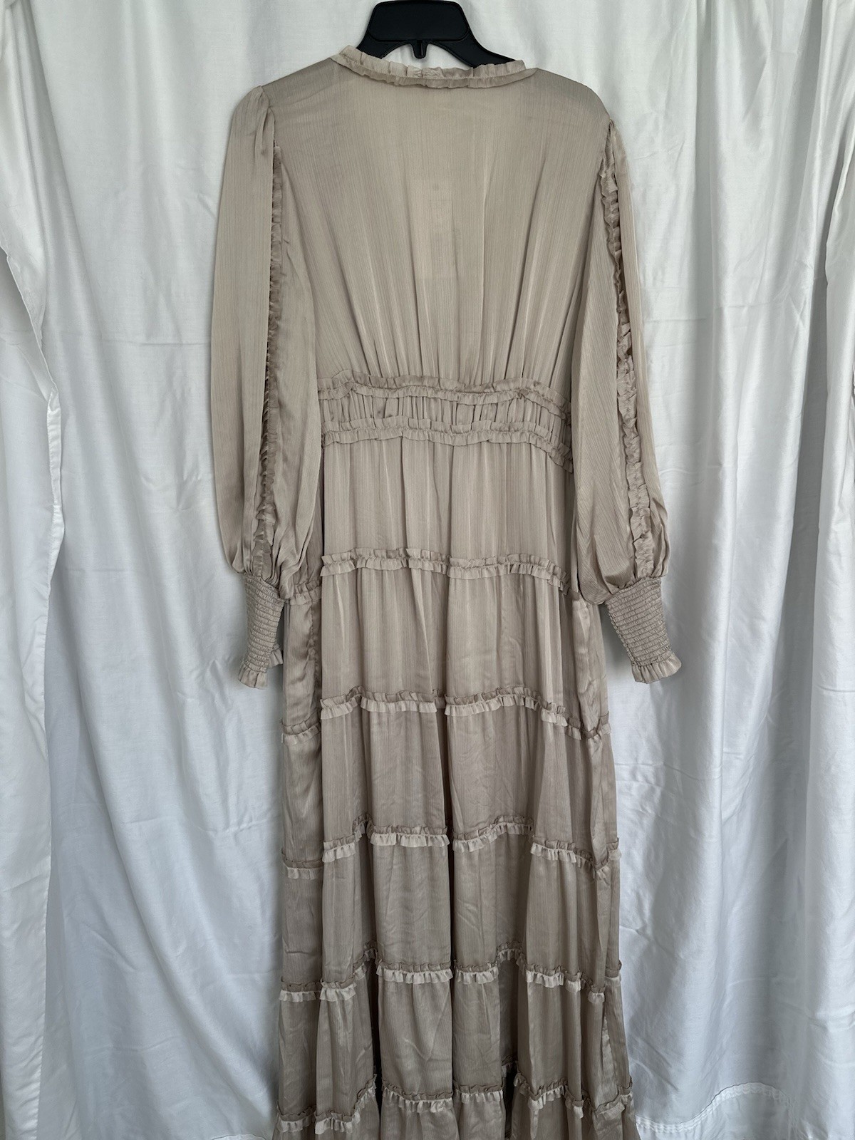 Chelsea & Violet Beige Solid Ruffle Smocked V-Neck Maxi Dress Long Sleeve L