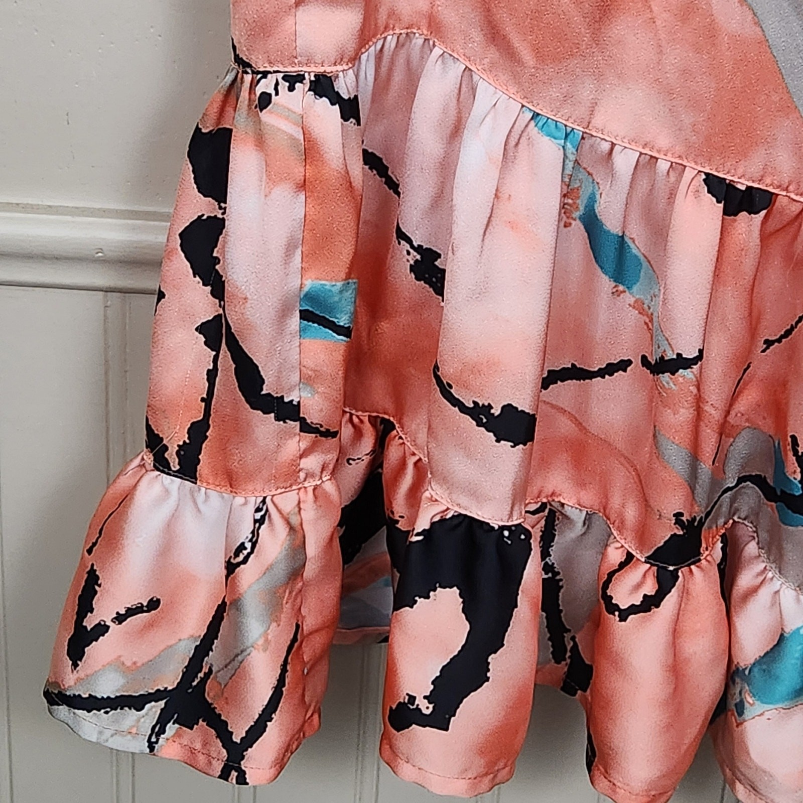 Ming Wang Abstract Print Watercolor Brushstroke Mock Neck Ruffle Dress SZ XS