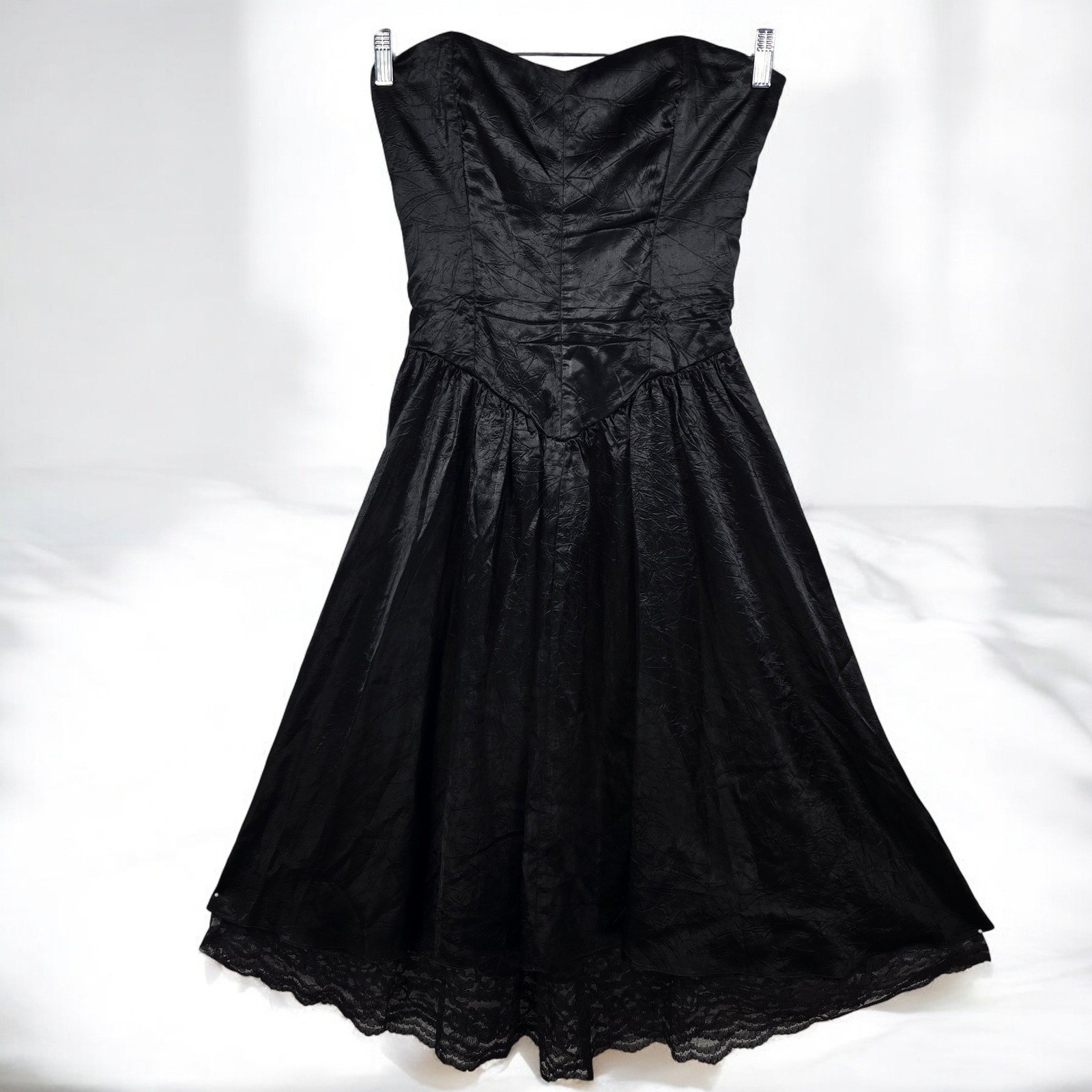 Vintage Katie MFG Black Corset Dress Strapless Lace Trim Woman 11-12 Union Made