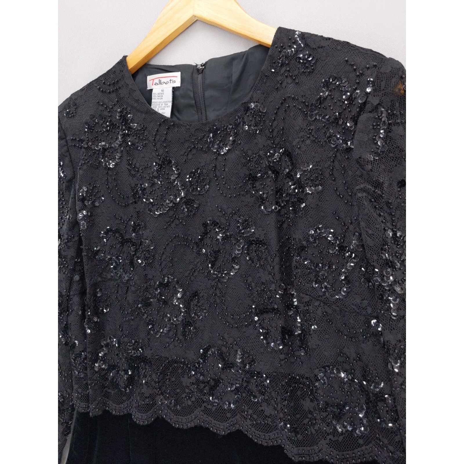 Talbots Sheath Dress Women 10 Black Sequin Beaded Lace Velvet Long Sleeve Formal