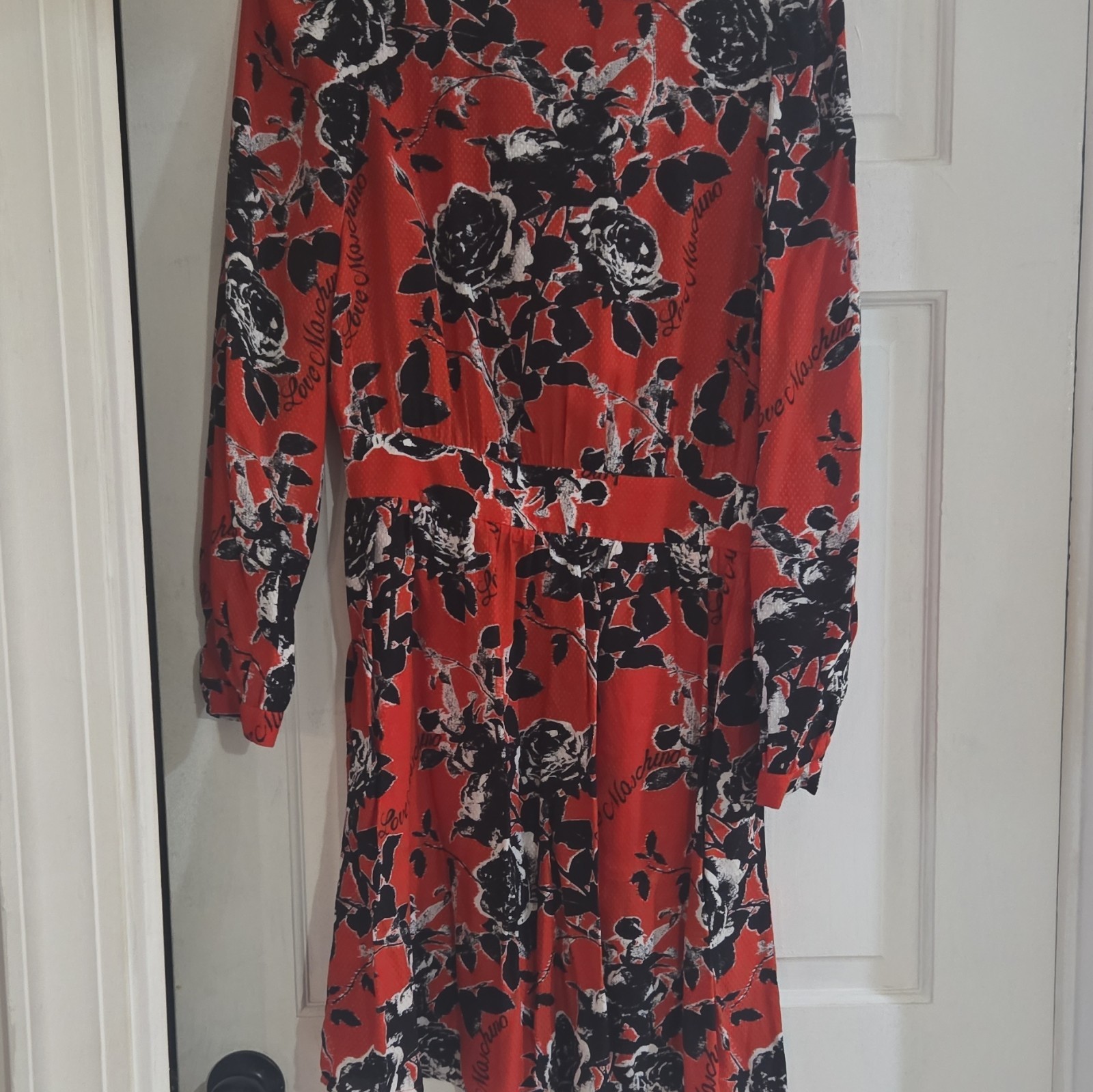 Moschino Red/Black/White Floral Shift Dress Knee Length Long Sleeve Women’s 6