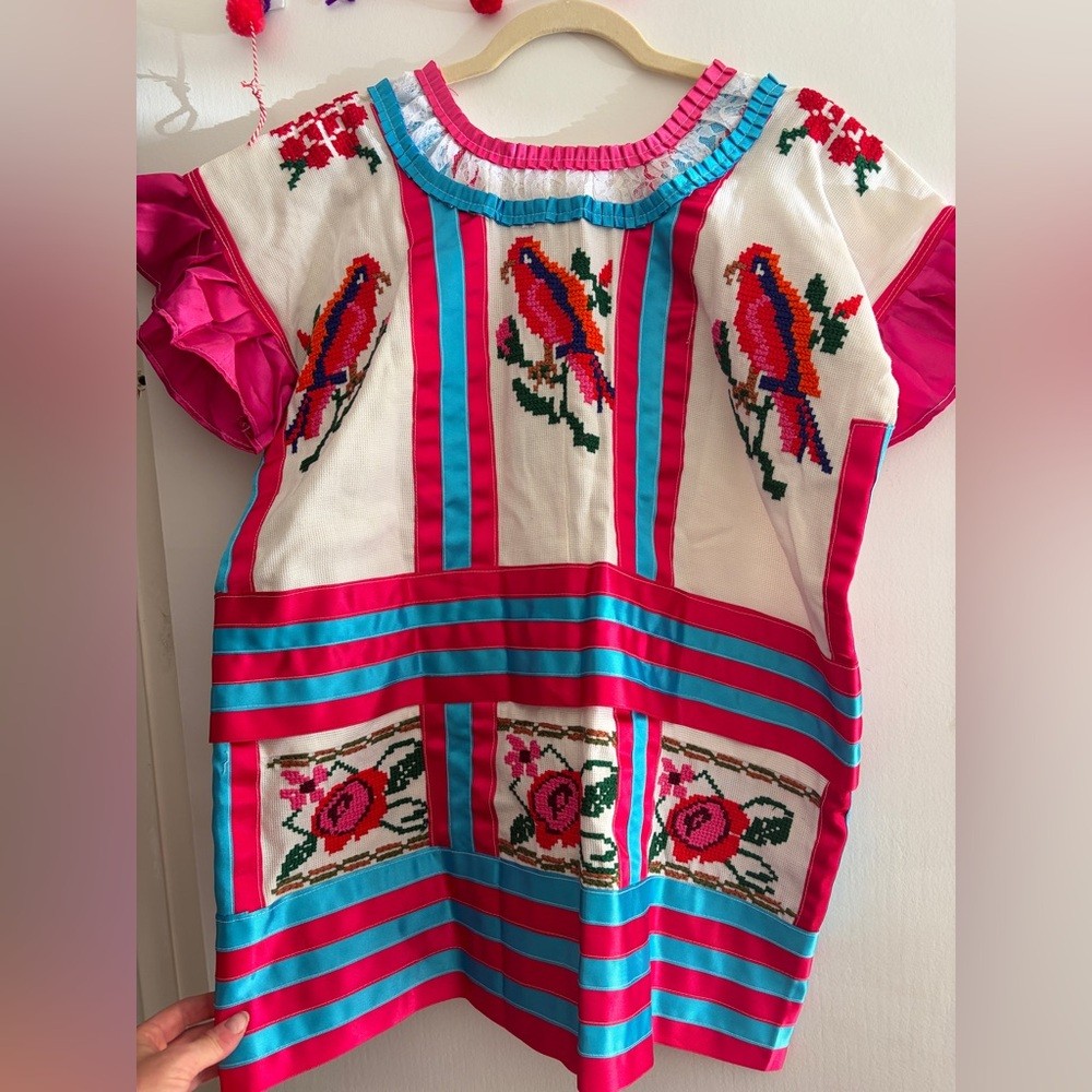 Handmade Embroidered Mexican Huipil Top Dress Oaxaca Hand Sewn Artisan Vintage
