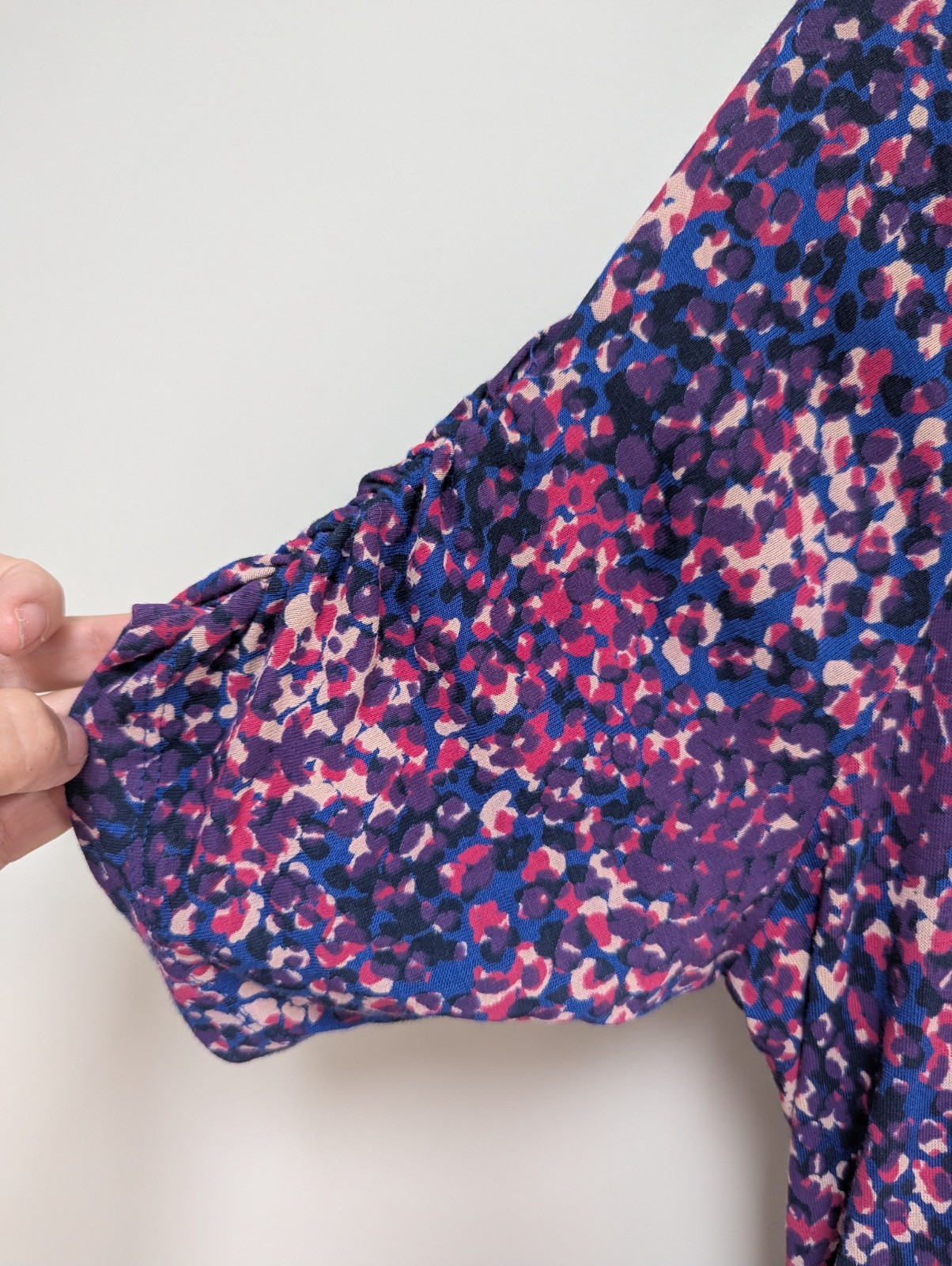 Fat Face Purple & Blue Abstract Print Dress Size 10 Jersey Stretch Ruched Sleeve