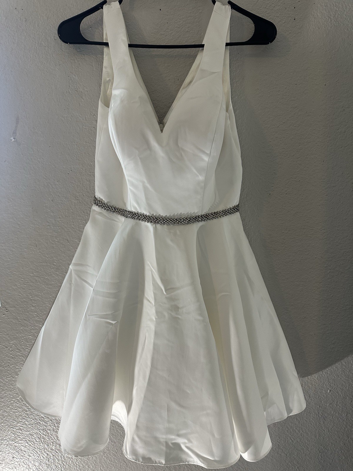 Dancing Queen White Satin Fit & Flare Short Dress Beaded Waist V-Neck Sleeveless