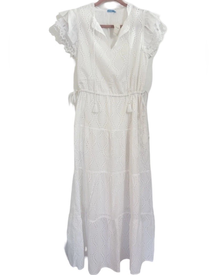 Size XL New J.McLaughlin Feminine Elena White Eyelet Maxi Dress Ruffle Sleeves
