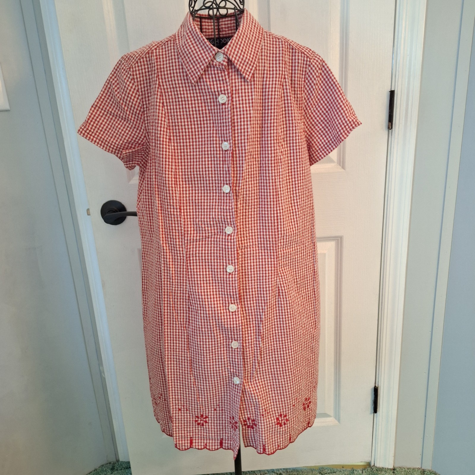 NWT JG Hook Button Front Shirt Dress 14P Red Gingham Seersucker Embroidered 90’s