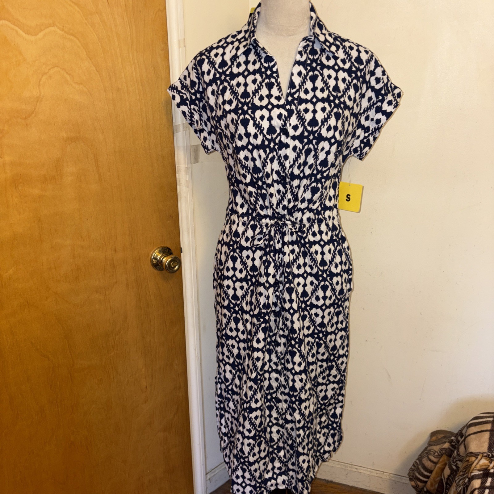 NWT Badgley Mischka Women’s Midi Dress Short Sleeve Tie Waist Blue/ White S