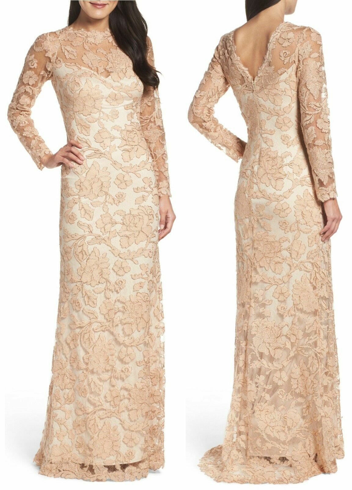 TADASHI SHOJI Peach Blossom Metallic Rose Gold Embroidered Corded Lace Gown 4 S