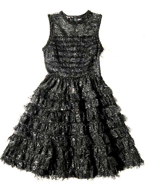 ***ROCHAS Italy Sz 40/6 ruffled glitter lace DRESS black!!