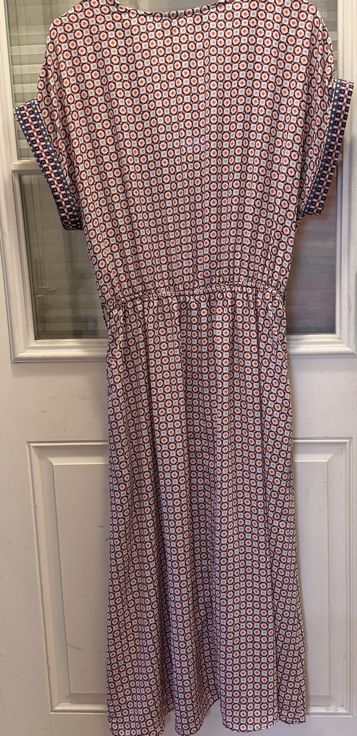 Max Studio L Blue Orange White Geometric V-Neck Short Sleeve Maxi Dress