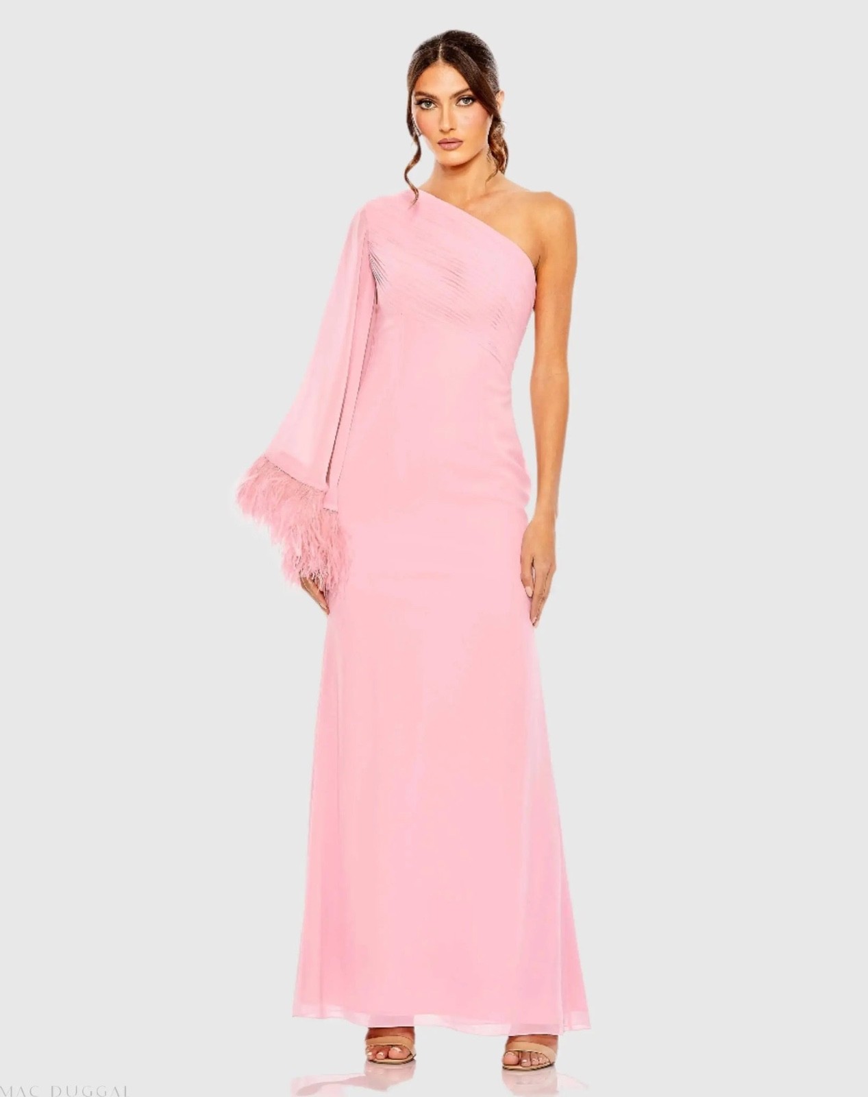 Pink Feather Cuff One Shoulder Ruched Gown sz12 new no tags