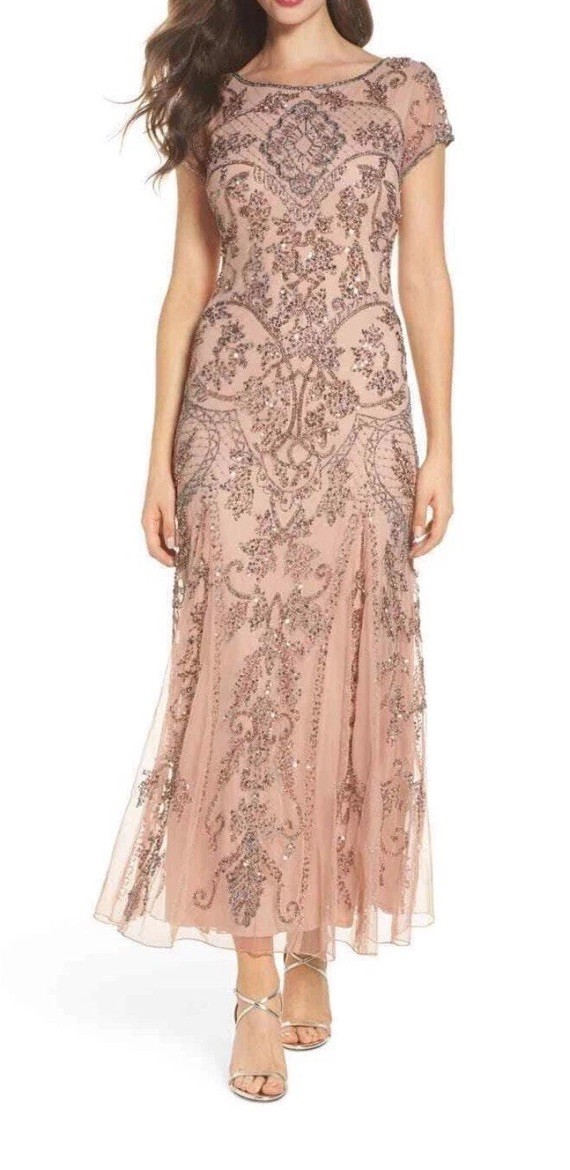 NWT Pisarro Nights Beaded Embellished Mesh Maxi Blush Gown Size 14 Wedding Prom