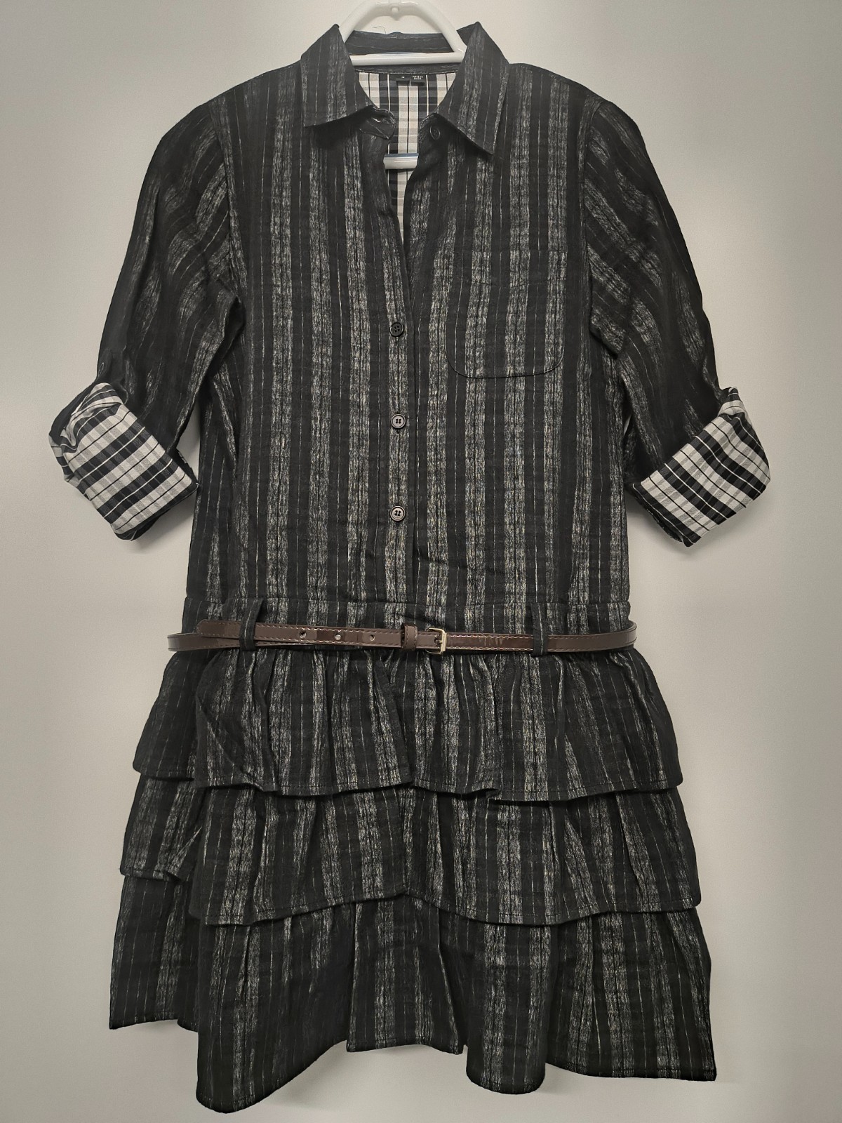 Theory Womens Shirt Dress Size 4 Black Grey Tiered Ruffle Belt