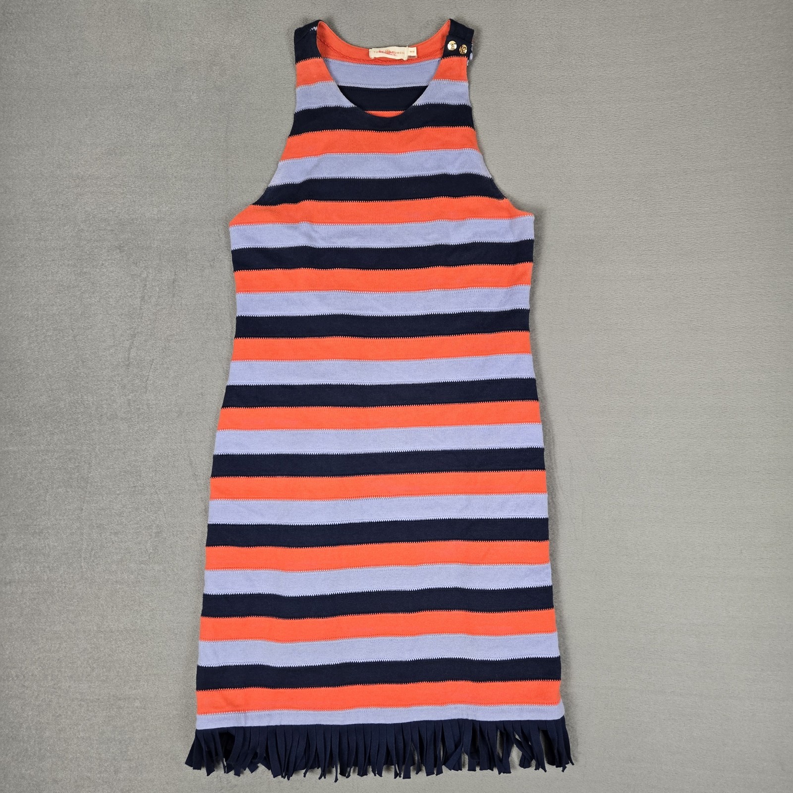 Tory Burch Ariana Dress Womens Medium Orange Blue Striped Sleeveless Fringe