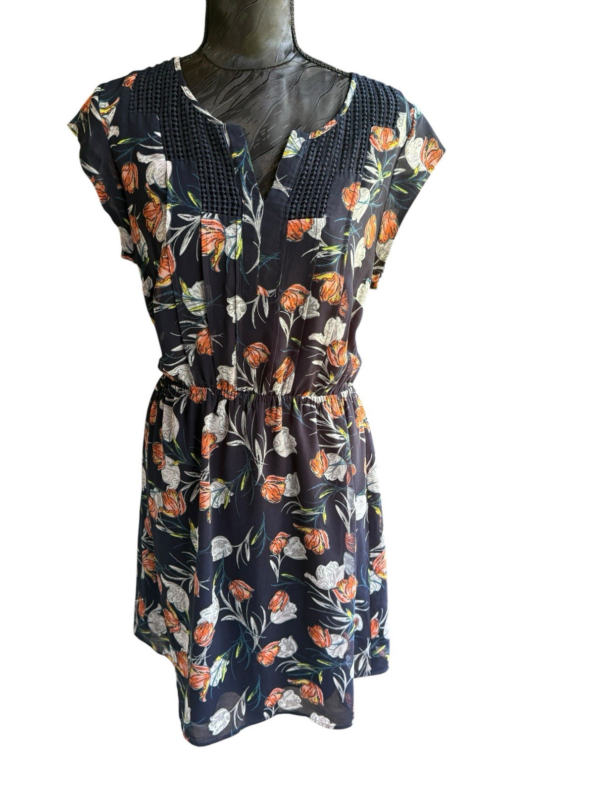 Daniel Rainn Womens Medium Floral Tunic Dress Navy Orange Crochet Trim