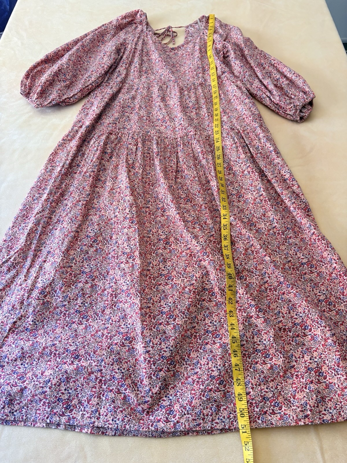 Universal Thread Peasant Midi Dress L Pink Floral Tie Back 100% Cotton Prairie