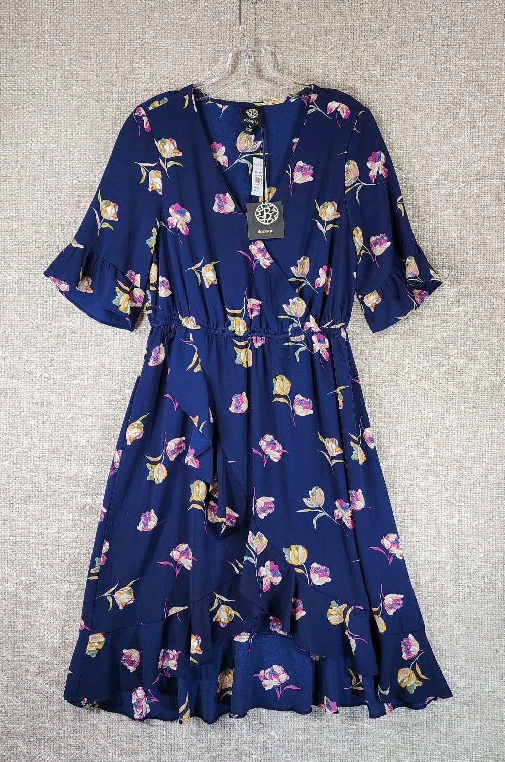Bobeau Faux Wrap Floral Midi Dress Womens M Navy Ruffle Trim Hi-Low Hem NWT