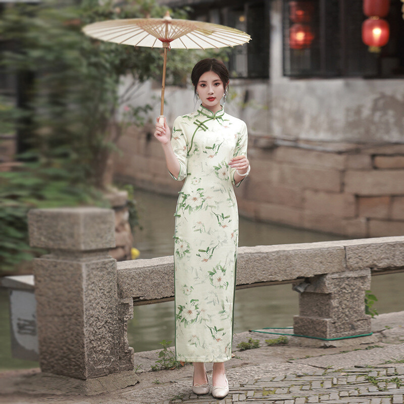Cheongsam Dress Vintage for Women Chinese Qipao Long Floral 3/4 Sleeve Size 2-12