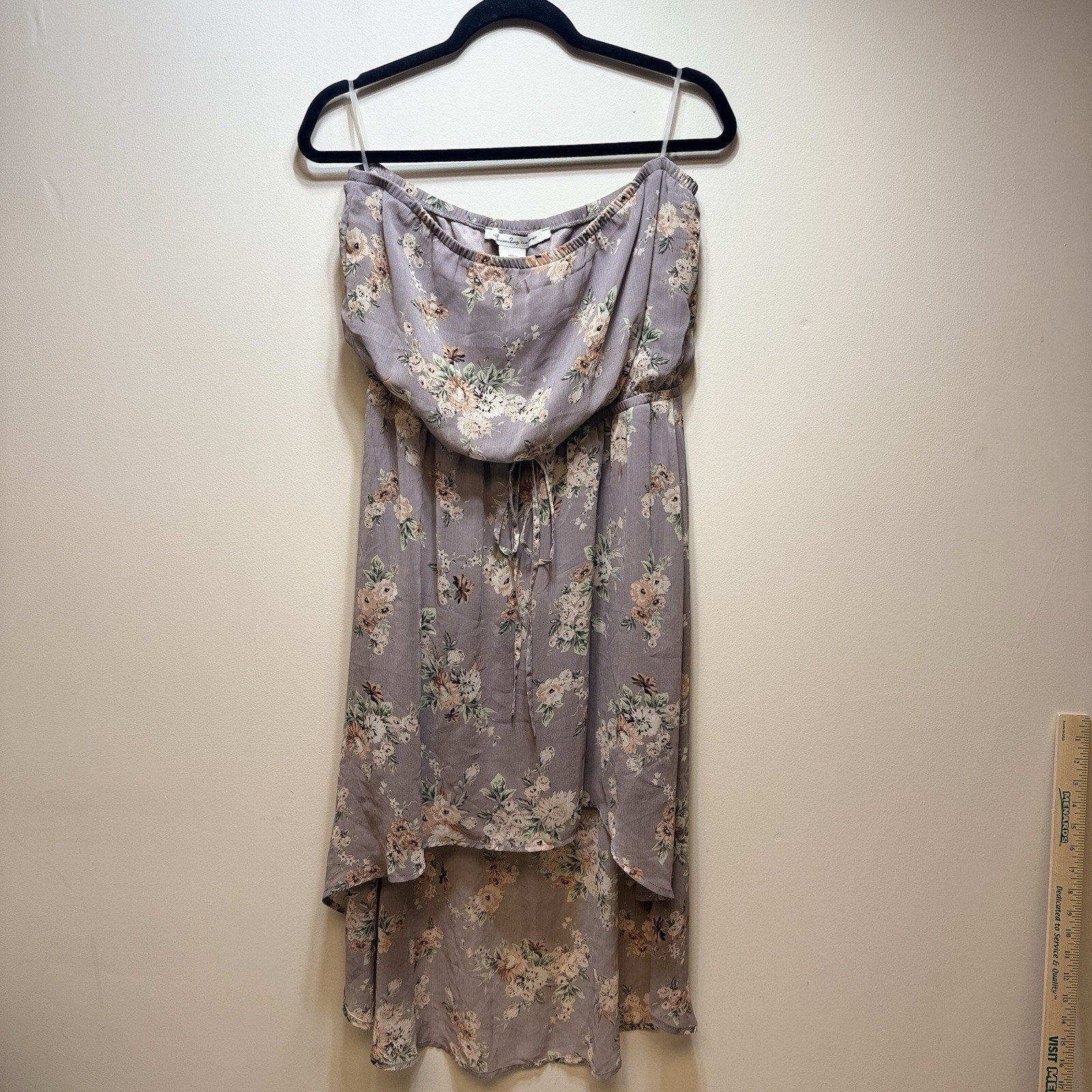 American Rag purple floral strapless high-low midi Romantic Delicate Whimsy Sz L