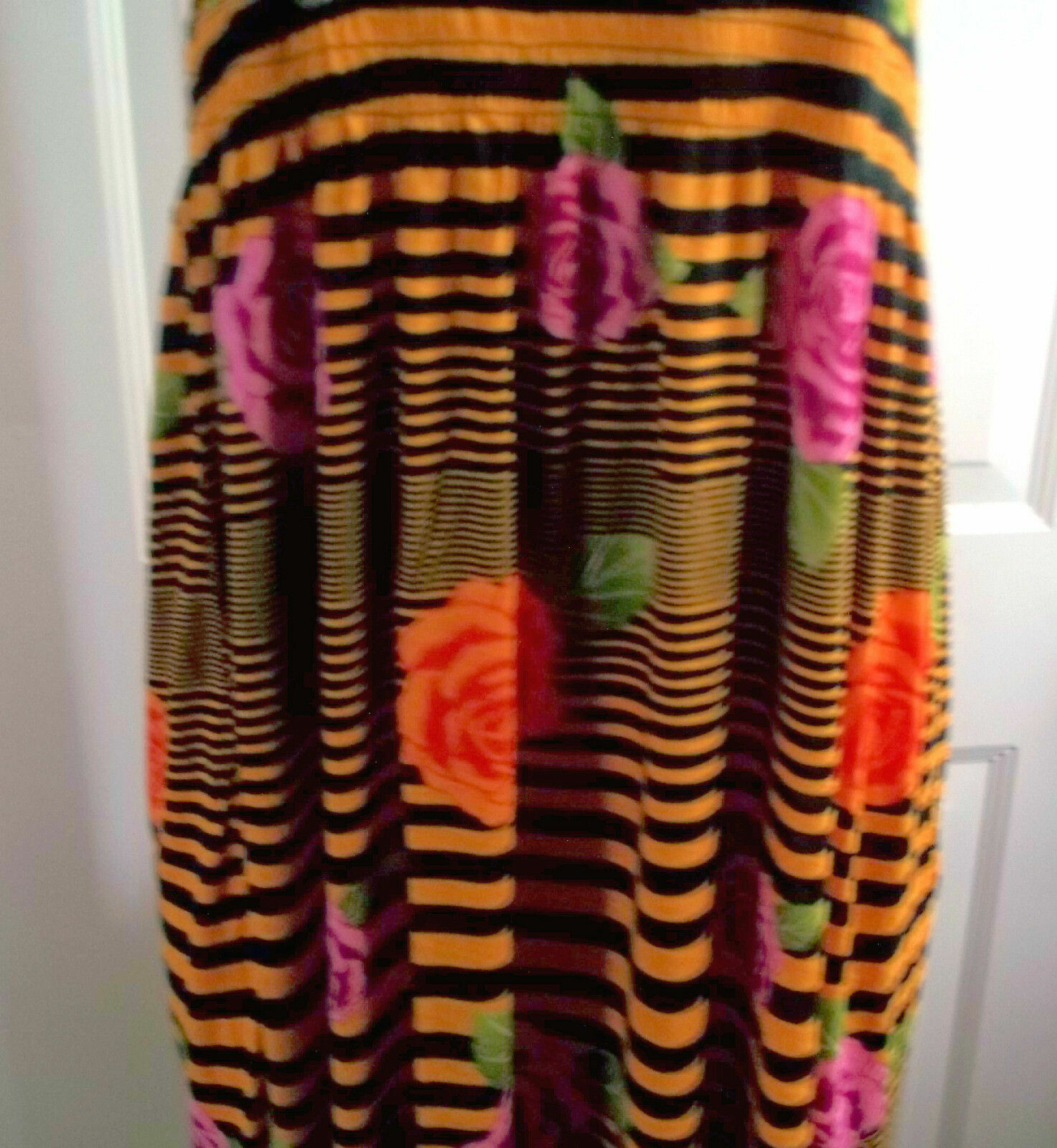 GOLD BLACK STRIPE FLORAL LONG MAXI DRESS STRAPLESS ELASTIC TOP LARGE