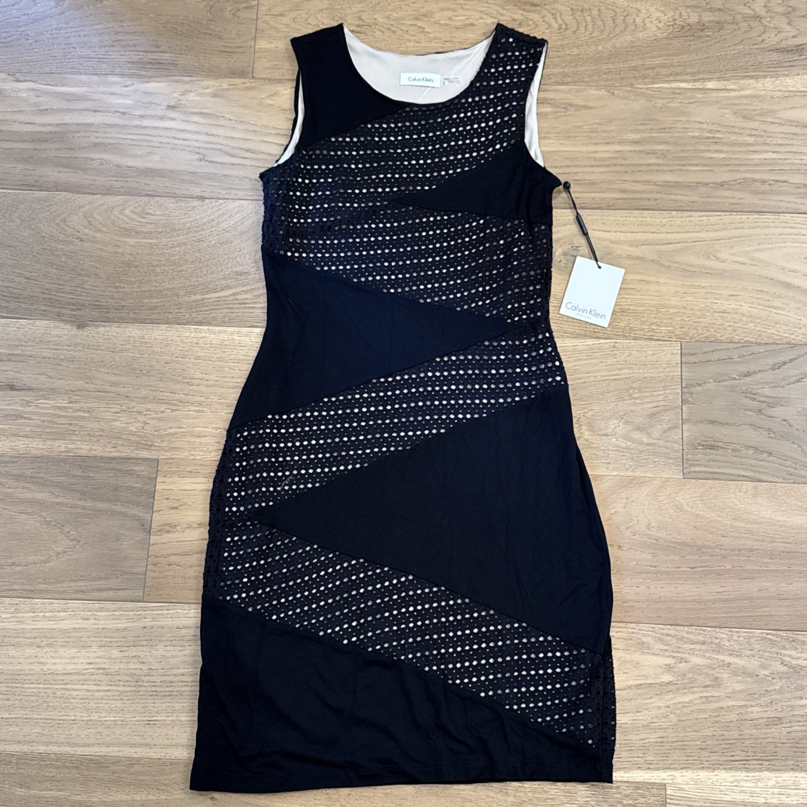Calvin Klein Dress Womens 2 Black Sleeveless Sheath Mesh Illusion Cocktail NWT