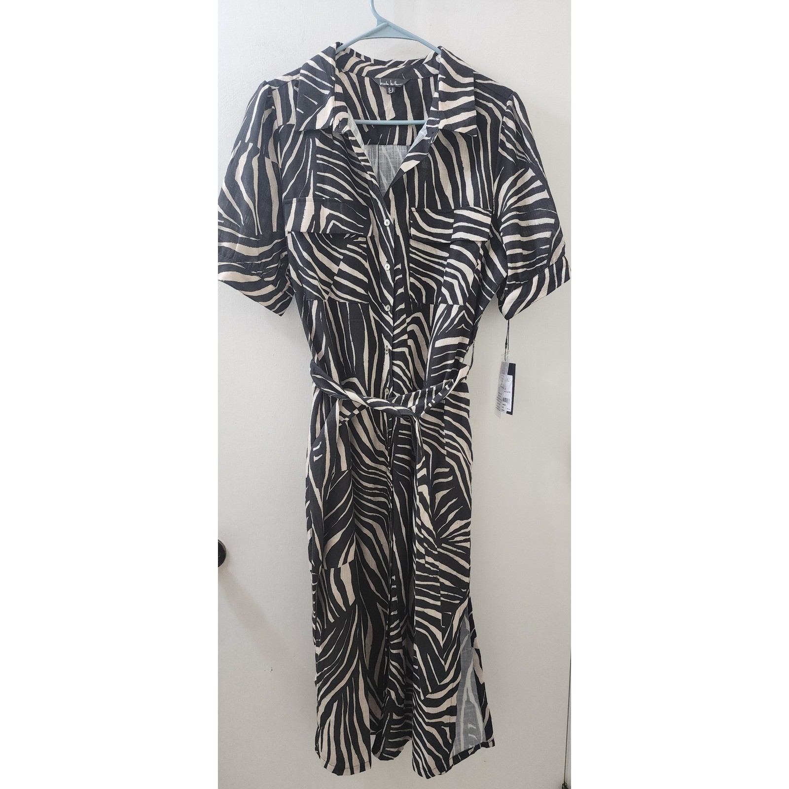 Nicole Miller Zebra Print Midi Shirt Dress Warm Sand MD4R19G1N Womens 14 NWT