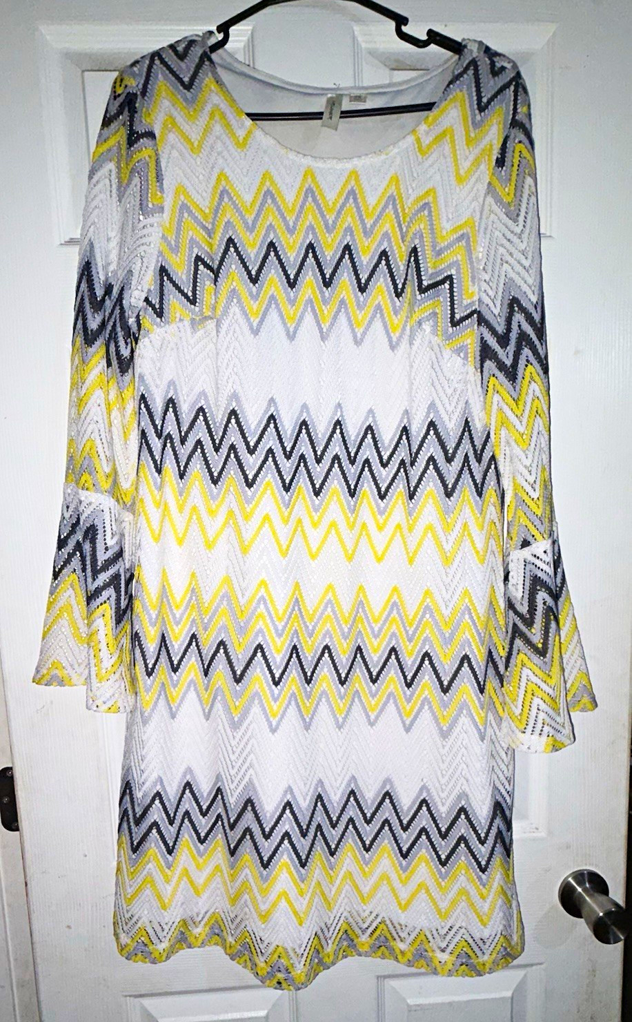 Tacera Women’s 2X White Yellow Gray Chevron Lace Shift Dress 3/4 Bell Scoop