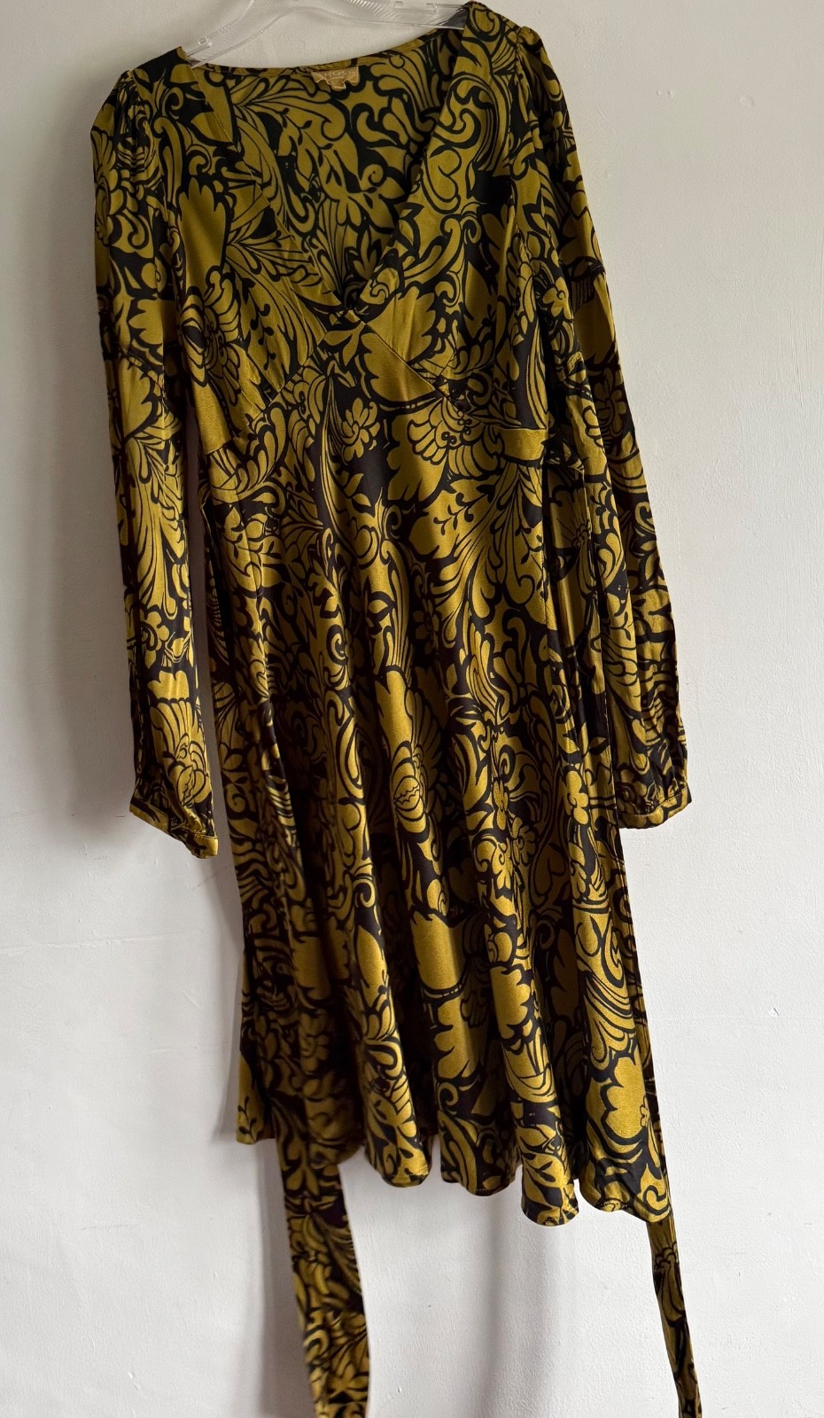 GHOST LONDON YELLOW & BLACK FLORAL PRINT LONG SLEEVES MIDI DRESS SIZE: LARGE