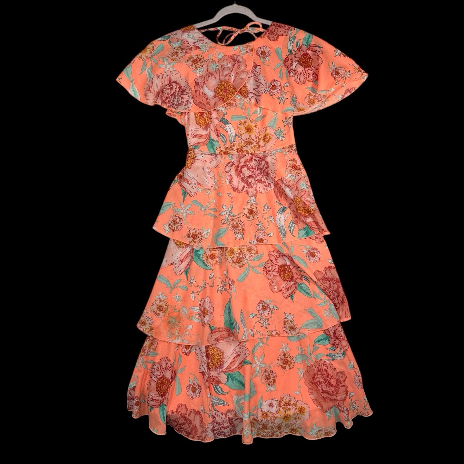 NWT ASOS Floral Tiered Midi Dress 4 Peach Pink Ruffle Flutter Sleeve Cottagecore