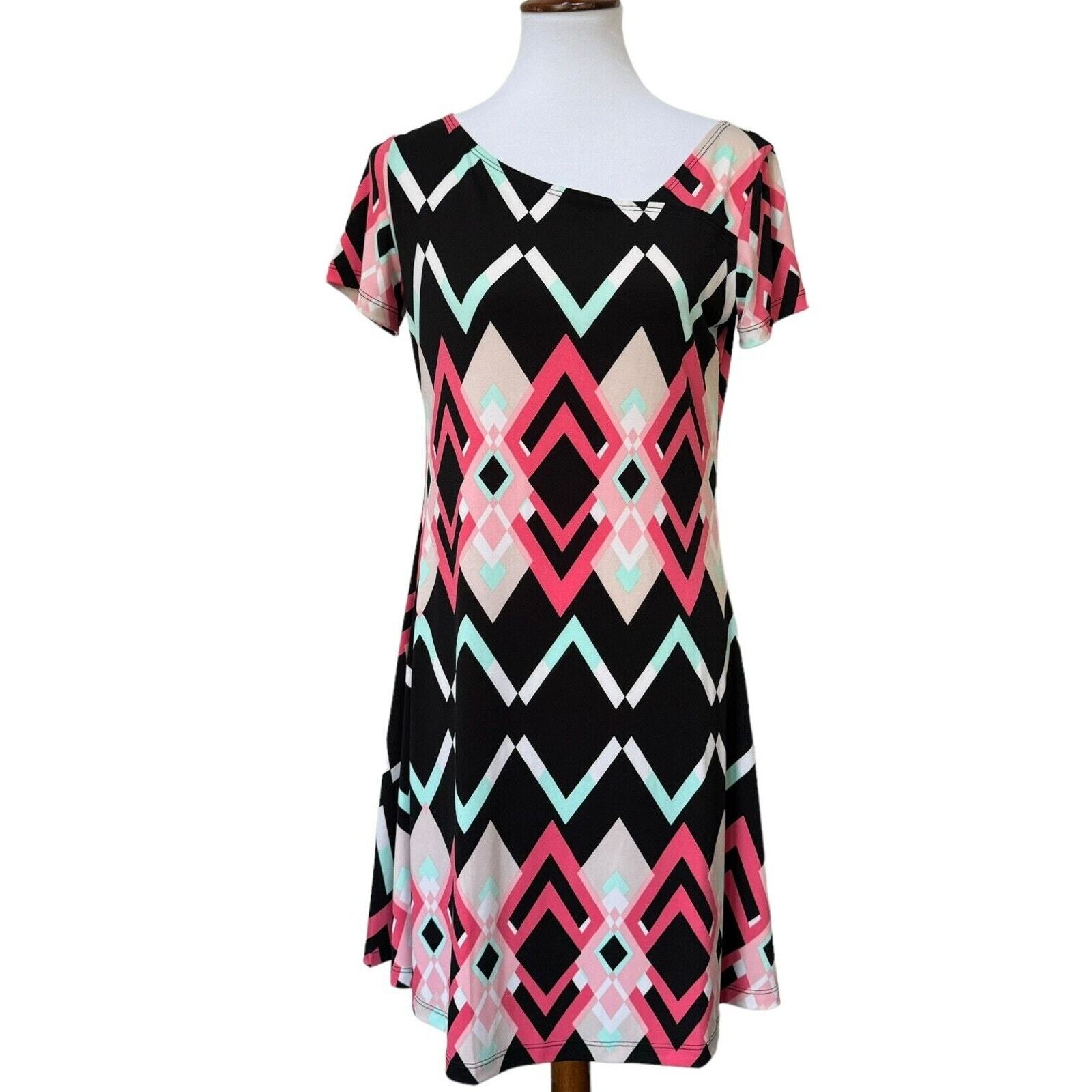 LBisse Womens A-Line Dress Multicolor Geometric Asymmetric Neck Stretch M New