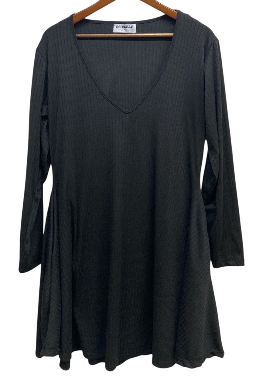 Rebel Dolls Dress Black 2XL Ribbed V Neck Pockets Stretch