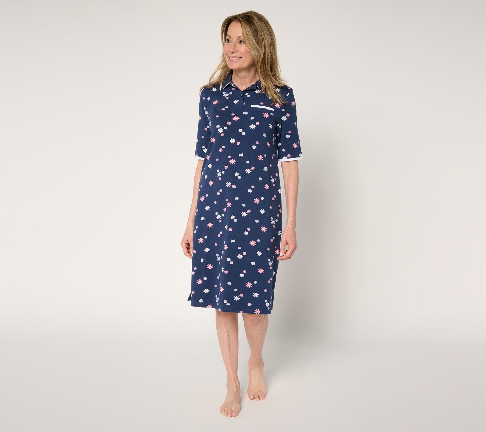 Cuddl Duds Cottonwear+ Collared Lounge Dress Navy Floral L New