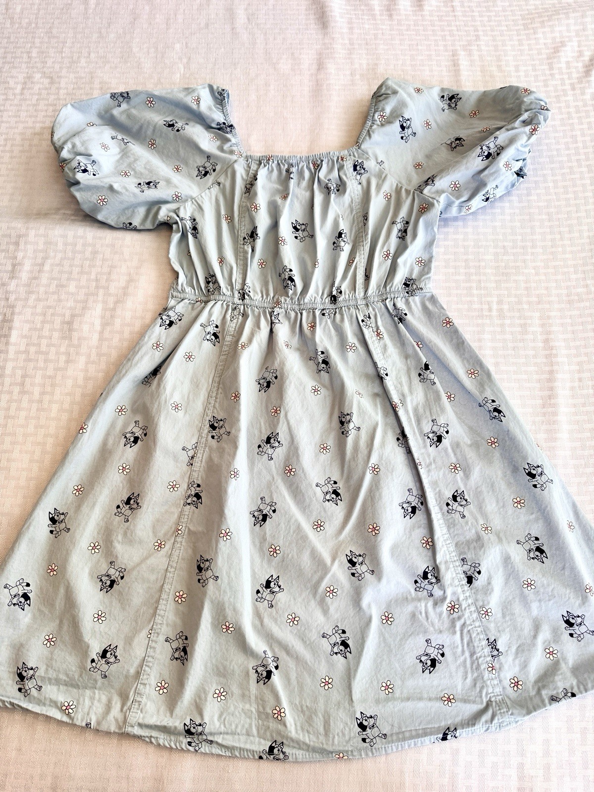 Bluey Puff Sleeve Cotton Dress Light Blue Floral Character Print Womens Large