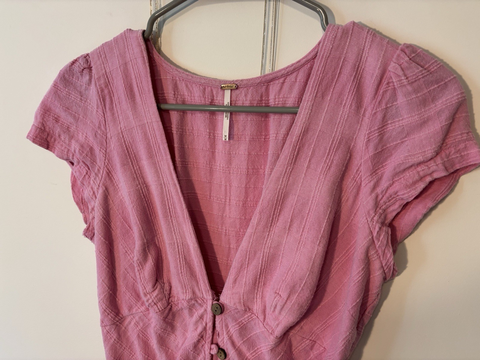 Free People Pink Rayon Woven Solid V-Neck Button Front Cap Sleeve Maxi Dress M
