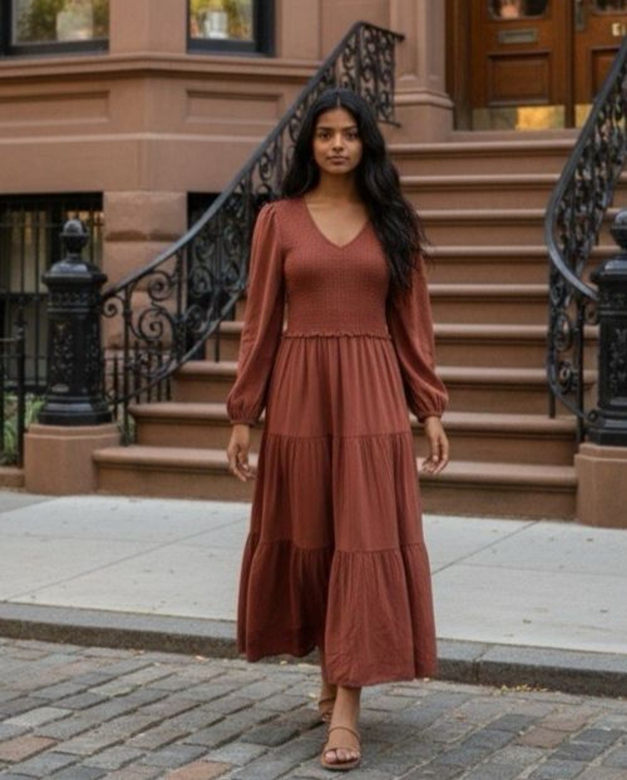 Bohme NEW womens midi v-neck tiered smocked dress sz M boho peasant coquette